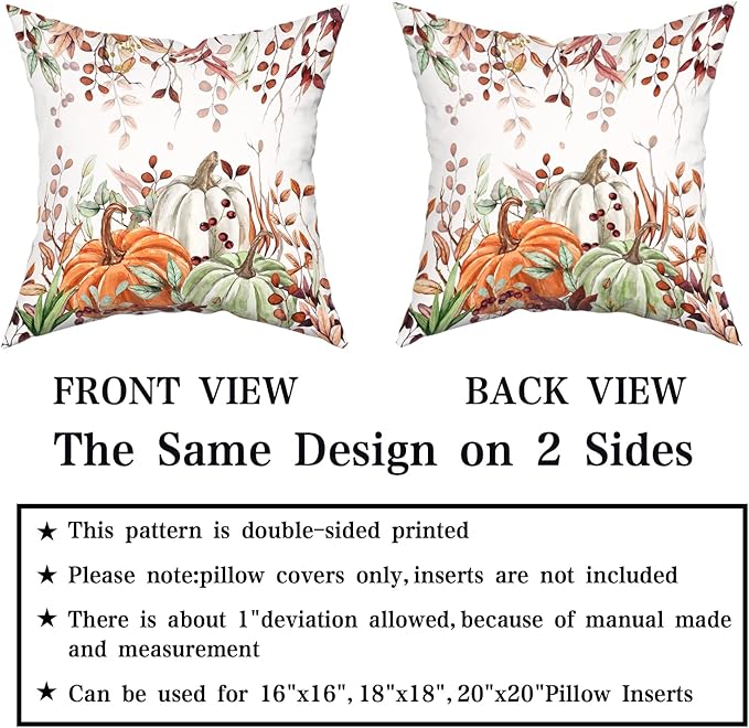 Giwawa Fall Pillow Covers Set of 2 20x20 Inch Orange Green Pumpkins Autumn Leaves Thanksgiving Cushion Covers Farmhouse Decorative Double Sided Throw Pillowcases for Indoor Outdoor Holiday