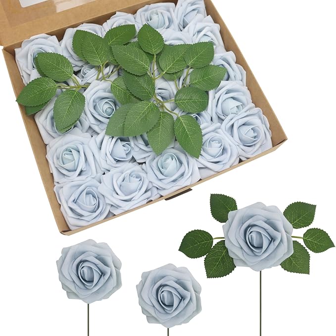 50Pcs Powder Blue Artificial Flowers Realistic Roses, Real Looking Fake Roses with Stem for DIY Wedding Bouquets Centerpieces Bridal Shower Party Home Romantic Decorations (Powder Blue, 50pcs)