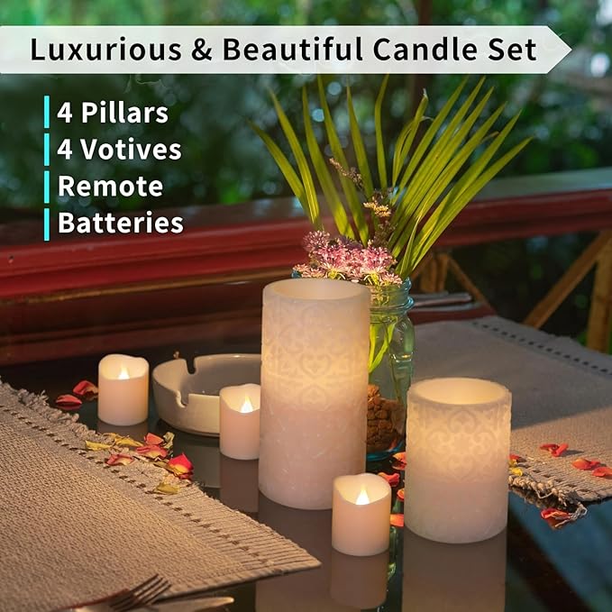 FURORA LIGHTING Pink Rome Real Wax LED Candles with Remote and Timer, 4 Pillar and 4 Votives Pack of 8, Flameless Flickering Candles for Home Décor, Battery Included