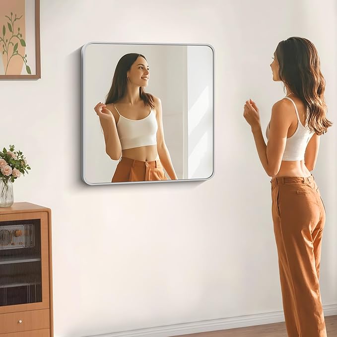 30" x 30"Bathroom Mirror, Silver Wall Mirror with Metal Frame, Decorative Rectangular Vanity Mirror for Bedroom Bathroom Living Room Entryway (Horizontal/Vertical)
