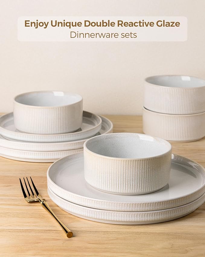 GBHOME Stoneware Dinnerware Sets for 8,Round Reactive Glaze Ceramic Plates and Bowls Set,Highly Scratch Resistant| Dishwasher & Microwave Safe Dishes Set,Service for 8(24Pcs)