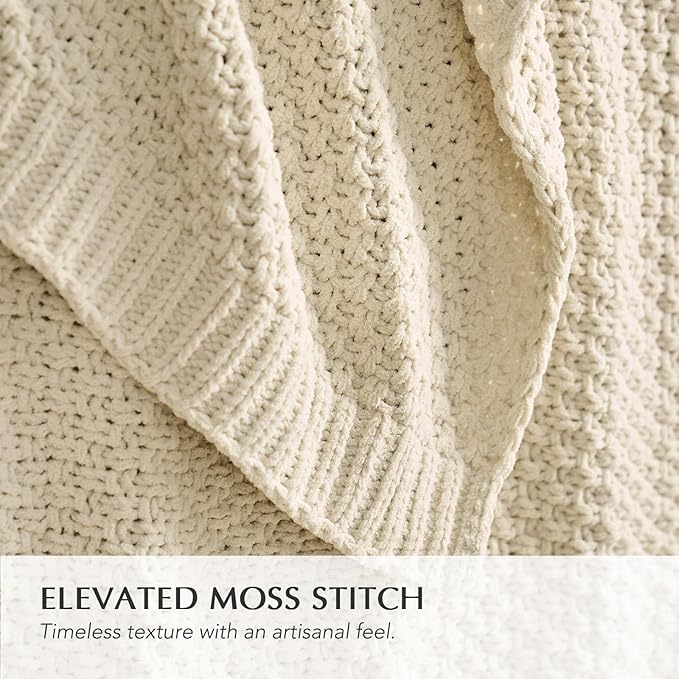 EVERGRACEHOME Chunky Chenille Knit Throw Blanket for Couch, Soft Luxurious Oversized Queen Moss Stitch Blanket for Bed, Large Cozy Farmhouse Knitted Throw for Sofa, Beige, 90" x 90"