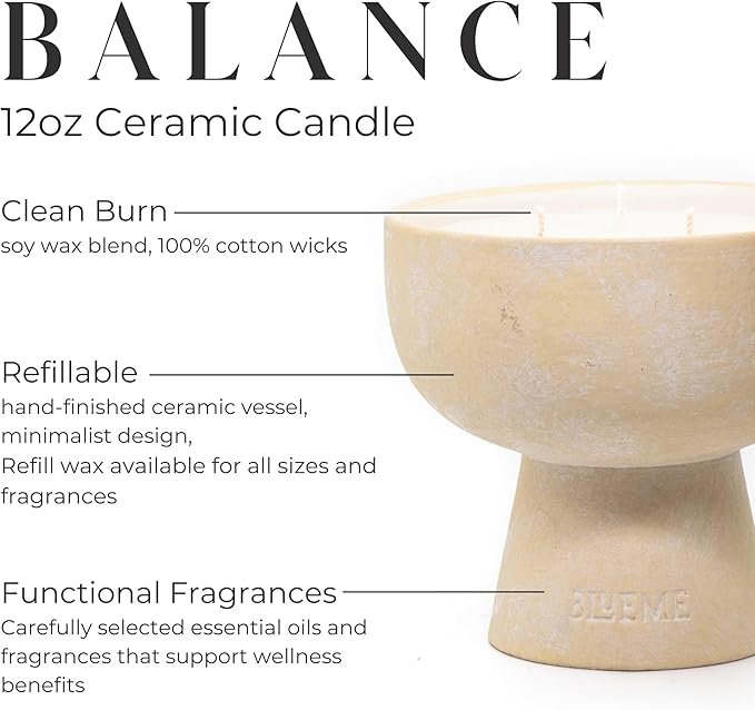 BLUEME Balance - White Lotus & Tea, Luxury Candle w/Essential Oils, 3 Wick, Hand-Poured Soy, Cotton Wick, Ceramic