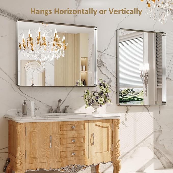 LOAAO 40X30 Inch Brushed Nickel Bathroom Mirror, Rounded Rectangle Silver Metal Frame Mirror, Brushed Nickel, Anti-Rust, Shatter Proof, Hangs Horizontally or Vertically