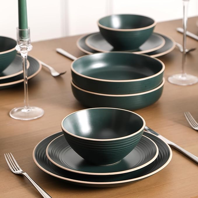 Stone Lain Lauren Modern Stoneware 16-piece Round Dinnerware Set, Plates and Bowls Set, Dish set for 4, Dark Green