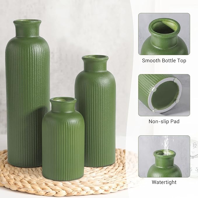 Small Sage Green Ceramic Vase Set of 3, Boho Modern Flower Vase Room Decor, Farmhouse Decor, Vases for Your Kitchen, Bathroom, Bedroom, Living Room, Office&Shelf Centerpiece Table Decorations