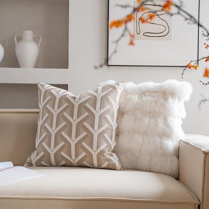 Premium Throw Pillow Covers 22x22 Inches - Oatmeal Ethereal Arbor Chenille Jacquard Embroidery Decorative Couch Pillow Covers for Living Room Bedroom Sofa Home Décor