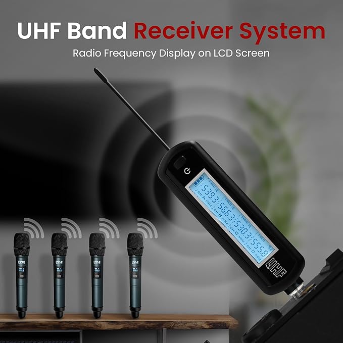 Pyle Portable UHF Band Receiver System, 4 Channel Wireless Microphone System Independent Channel Controls, RF Signal LCD Indicator, Digital Audio Microphone Set with 4 Handheld Microphones