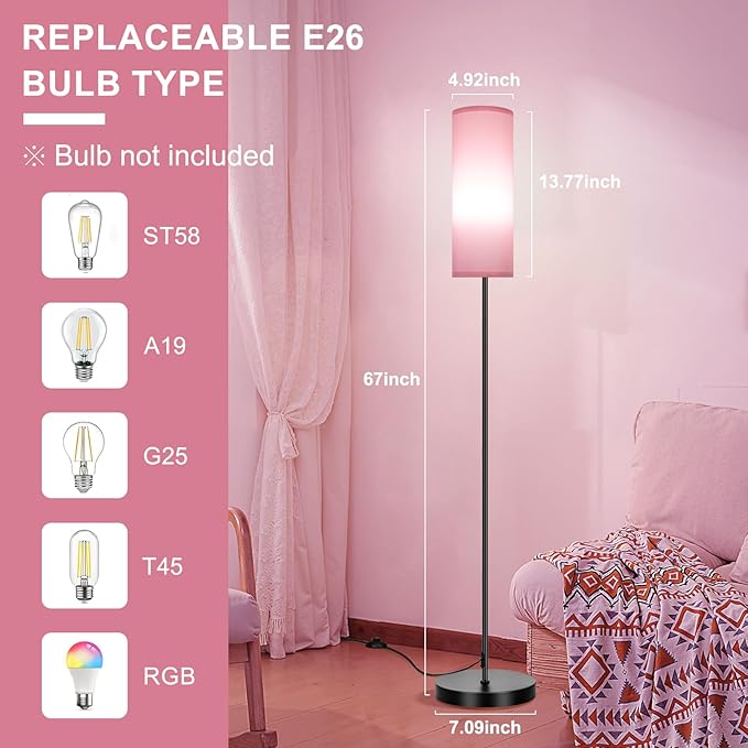 FRIDEKO HOME Floor Lamp with Pink Shade, Simple Design with Foot Pedal Switch, Small Tall Lamps for Living Room Bedroom Office, Corner Floor Stand Light with Black Pole Lamp (No Bulb/No Remote)