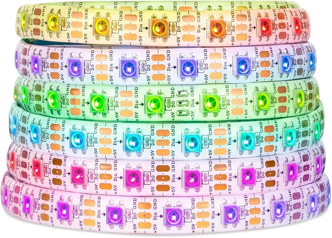 SEZO WS2812B LED Strip Light 16.4FT 60Pixel/M 300LEDs DC5V Individual Addressable LED Strip SMD5050 RGB Dream Color Programmable LED Light Strip Flexible IP65 Waterproof White PCB