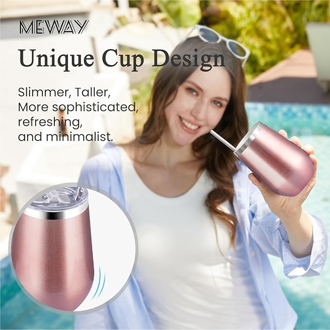 MEWAY Stainless Steel Wine Tumbler with Lid and Straw 12oz - Stemless Insulated Wine Cup Glasses for Coffee,Cocktails,Drinks,Champagne, and Office Use, Ideal for Parties and Gifts(Rose Gold. Set of 4)