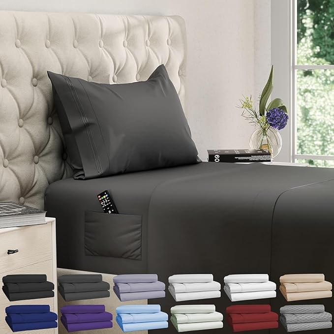 DREAMCARE Twin Sheets - 3pcs Cooling Sheets – up to 21” Extra Deep Pocket Twin Bed Sheets - Twin Sheet Set - Bed Sheets Twin - Soft & Long Lasting 100% Fine Brushed Polyester with Side Pocket - Gray