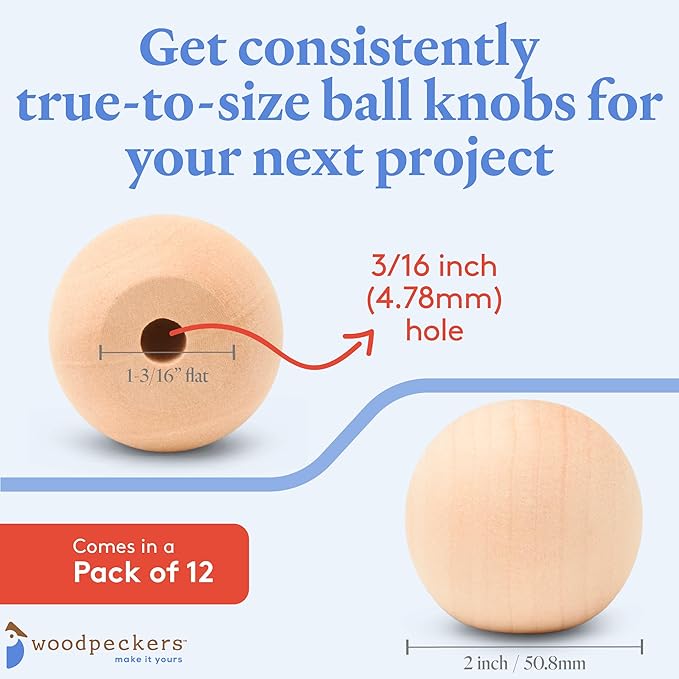Wood Knobs, 2 Inch Round Natural Wood Drawer Pulls, Pack of 12 Unfinished Wooden Drawer Knobs, Ball Shaped Wood Cabinet Knobs, Nursery Dresser Knobs, Wood Door Knobs and Crafts