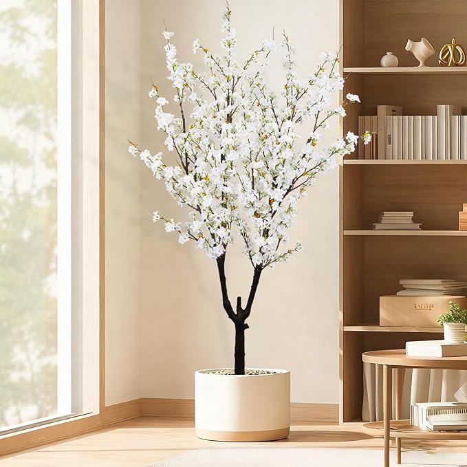 Faux White Cherry Blossom Tree 6ft(74in) Tall Artificial Plant Home Decor Handmade Natural Fake White Flower Tree for Wedding Realistic Silk Cherry Plant in Pot for Living Room,Office,Outdoor Decor.