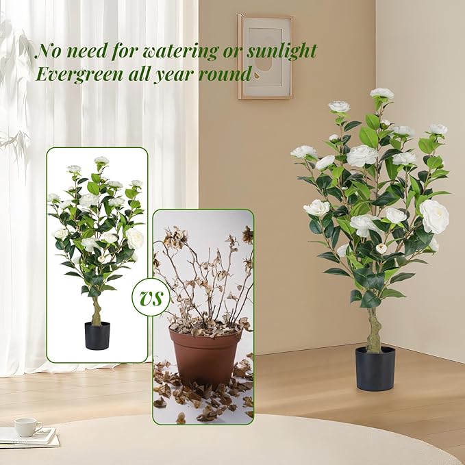 Artificial Camellia Tree 2 Pack, 3FT Faux Camellia Plant in Pot, 36 inch Fake Potted Camellia Flower Tree Plastic Camellia Tree for Modern Home Office Living Room Floor Decor Indoor, White