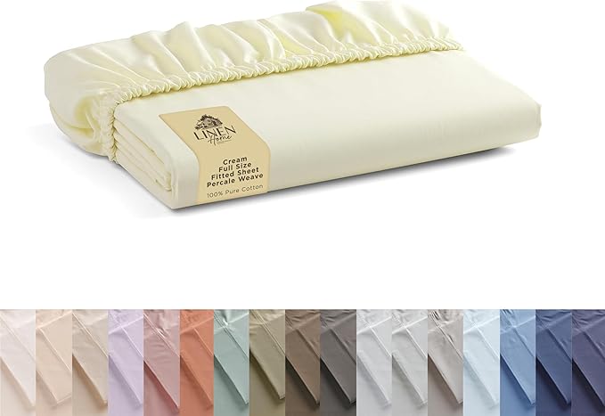 Linen Home 100% Cotton Percale Weave Fitted Sheet, Full Size, Cream, 1 Deep Pocket Fitted Sheet, Fits Mattress Upto 16" Crisp and Cool Strong Bed Linen, 54"X75"+15"