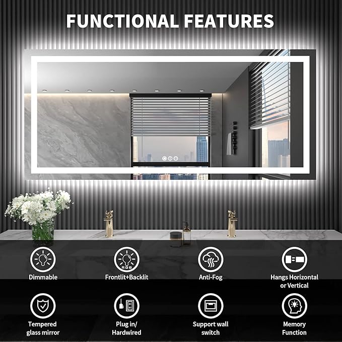 LOAAO 72X32 LED Bathroom Mirror with Lights, Anti-Fog, Dimmable, Backlit + Front Lit, Lighted Bathroom Vanity Mirror for Wall, Shatter-Proof, Memory Function, ETL Listed