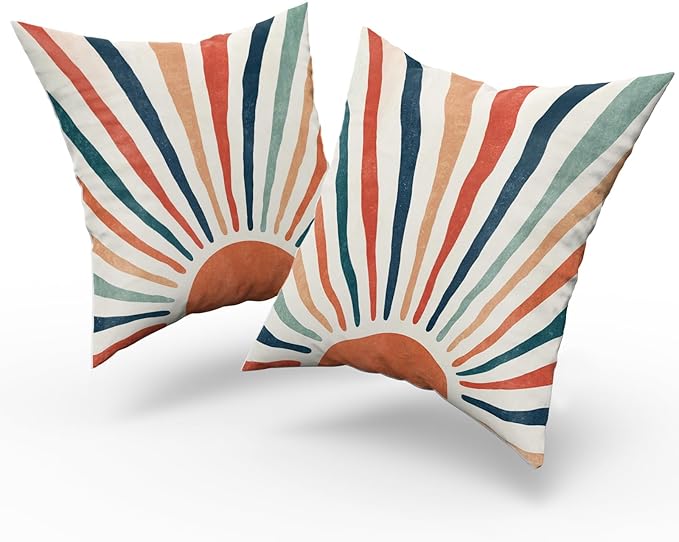 Giwawa Summer Pillow Covers 18x18in Set of 2 Colorful Boho Sun Sunset Sunrise Decorative Cotton Pillow Cases Sunshine Rainbow Stripes Throw Cushion Covers for Sofa Couch Bedding Patio