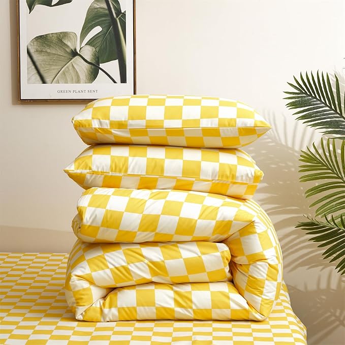 KAREVER Brand King 3PC Bedding Set, Grid Yellow White Comforter Set with Checkered Pattern, All Season Breathable Blanket Set, Durable Bedding for Men and Women, Ideal Gift