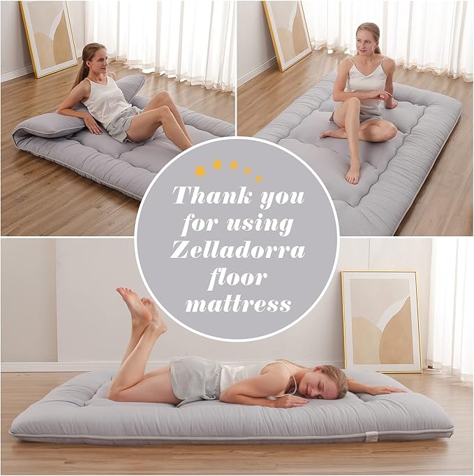 Japanese Floor Mattress, Futon Mattress with Portable Storage Bag and Washable Cover, Roll Up Thick Tatami Mat Suitable for Camping, Guest Room, Grey, Twin