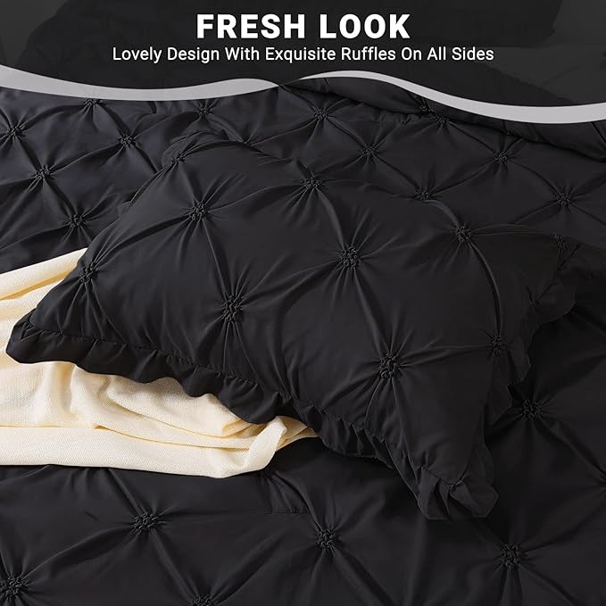 JOLLYVOGUE Black/Gray Bed in a Bag Comforter Set for Bedroom, Pintuck Full Size Comforter Sets 7 Pieces, Bedding Comforter Sets with Comforter, Sheets,Ruffled Shams & Pillowcases
