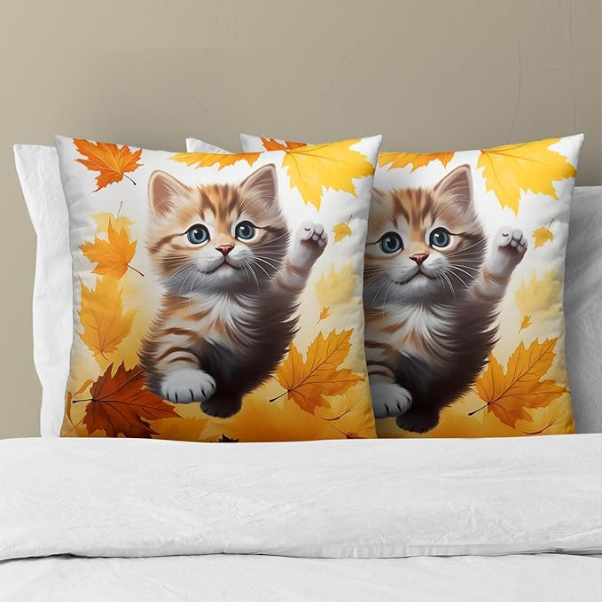 Fall Cat Throw Pillow Covers - Kitten Throw Pillow Covers Set of 2 Maple Leaf Pillows Case 22x22 Inch Autumn Pet Decorative Pillowcase for Bed Living Room Outdoor