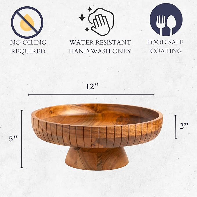 Acacia Wood fruit bowl with pedestal | 12" dia | Decorative bowl used as Centerpiece for kitchen counter or dining table | Wooden table decor| (Natural Finish)