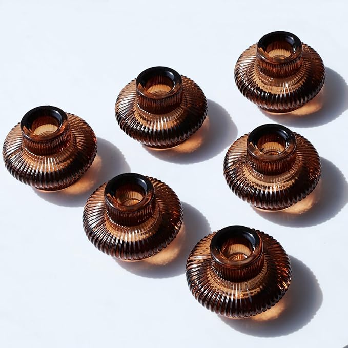 VOHO Brown Candlestick Holders Set of 6, Old Fashioned Candle Sticks Holder Decor for Daily Room/Halloween/Thanksgiving Party, Double Side Taper Candle Holders for Candlesticks/Tealight Candles(Brown)