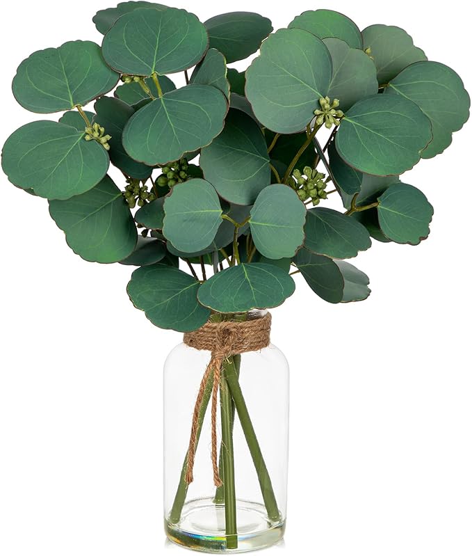 Briful Artificial Eucalyptus Stems in Clear Glass Vase with Faux Water, 14" Fake Plant Eucalyptus Leaves for Home Office Farmhouse Wedding Centerpiece Décor