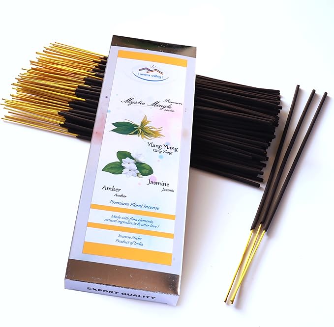 Incense Sticks - Ylang Ylang, Jasmine and Amber Artisan Blend - Hand-Dipped Premium Quality Natural Incense Sticks - 75 Grams - 50+ Sticks - Uplifting, Stress-Relief, Relaxation