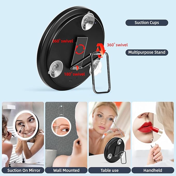30x Magnifying Mirror with Light, Large 6" Rechargeable Lighted 30x Magnified Mirror with Suction Cups & Table Stand, 3 Color Modes Dimmable Light up Travel Magnifying Makeup Mirror High Magnification