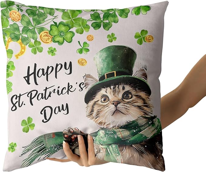 Giwawa Patrick Cat Throw Pillow Covers Set of 2, 16x16in Happy St Patrick's Day Kitten Decorative Square Pillow Cases, Clover Shamrock Soft Cotton Cushion Covers for Sofa Couch Bedding Decor