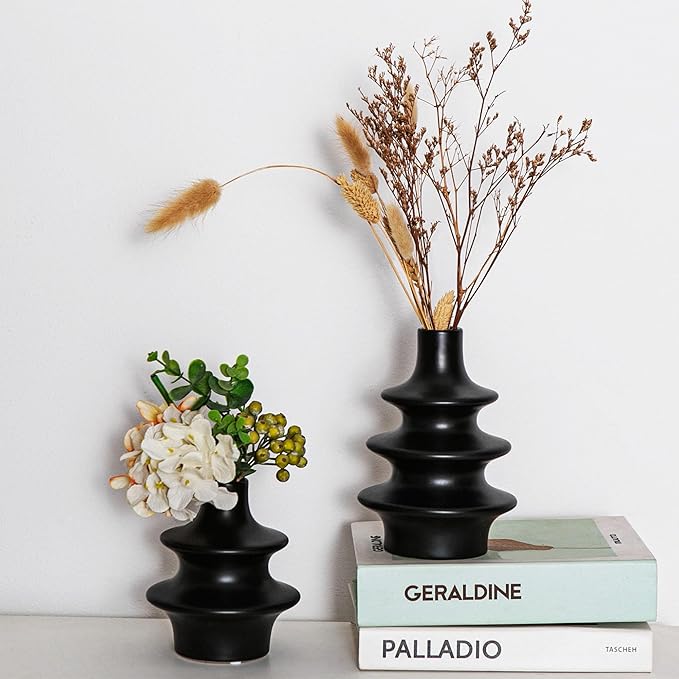 Boho Ceramic Vase Set, Matte Black Aesthetic Vase, Small Mid Century Vases for Home Decor, Nordic Minimalist Vase for Entryway, Living Room Decoration, Table Centerpieces