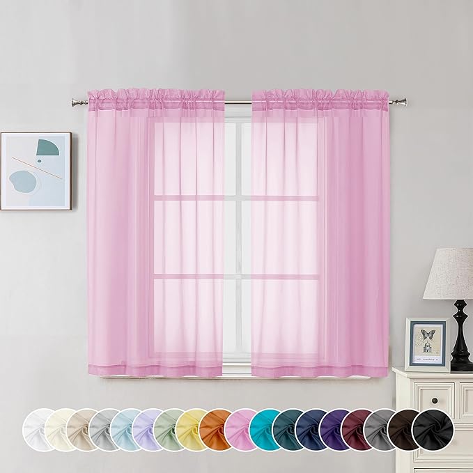 Chyhomenyc Pink Sheer Curtains 45 Inch Long 2 Panels, Light Filtering Rod Pocket Voile Short Curtains Drapes for Bedroom Small Windows, 42Wx45L Inches