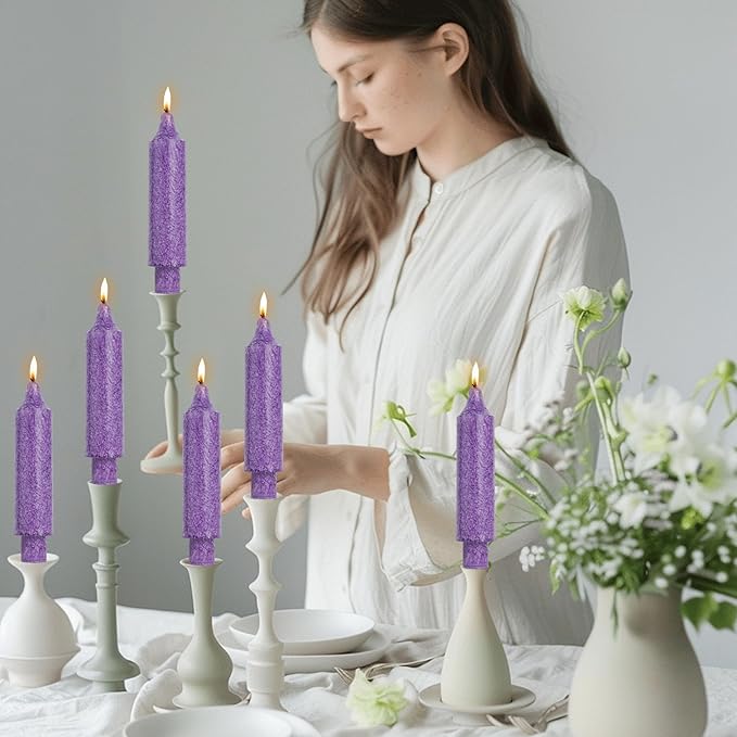 Purple Crystal Short Taper Candle Sticks Dripless Tapered Candles for for Holiday Wedding Party Wax Unscented Dinner 6 inch Set of 4