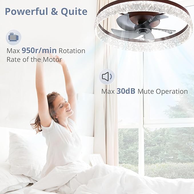 LEDIARY 22" Modern Ceiling Fans with Lights and Remote, Dimmable Low Profile Ceiling Fan, Flush Mount Fan, Stepless Color Temperature Change and 6 Speeds - Brown