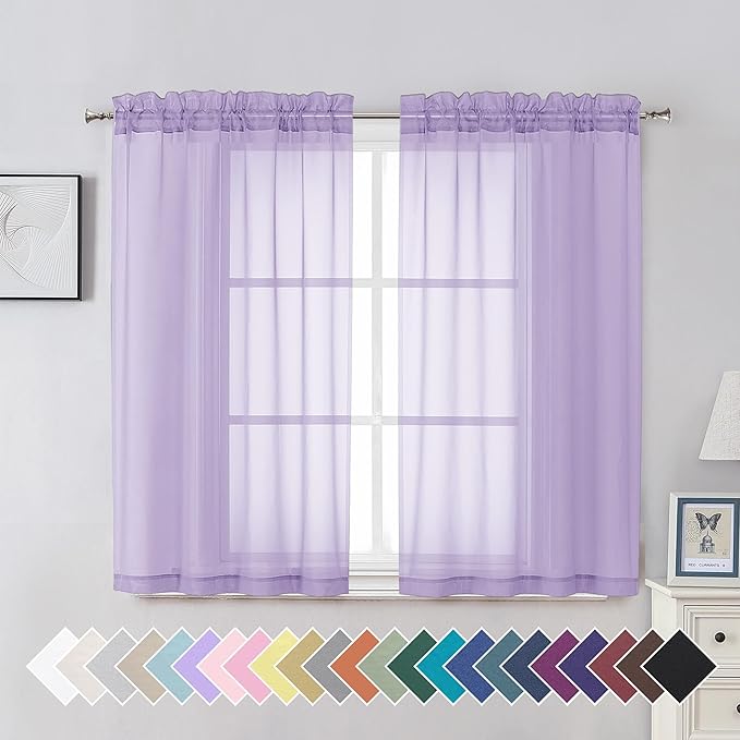 Aiyufeng Light Purple Sheer Curtain Panels Pair Sold 45 Inch Length, Light Filtering Window Curtain Drapes Treatment for Kitchen, Bedroom/Children Room, Voile Top Dual Rod Pocket, 2 Pack of 42 x 45"