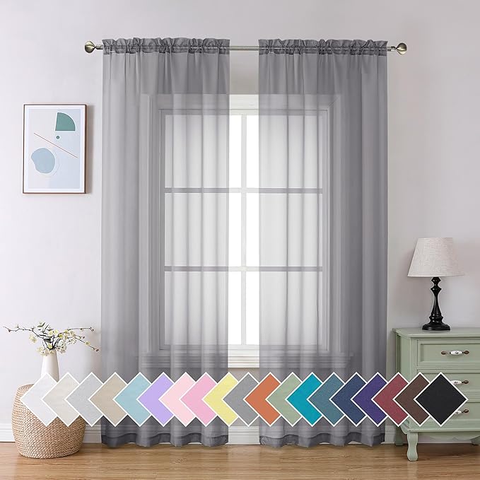 Aiyufeng Charcoal Grey Sheer Curtains, 84 inches Long, 2 Panels Sets, for Living Room/Bathroom/Basement, Rod Pocket, 2PCS, 40Wx84L