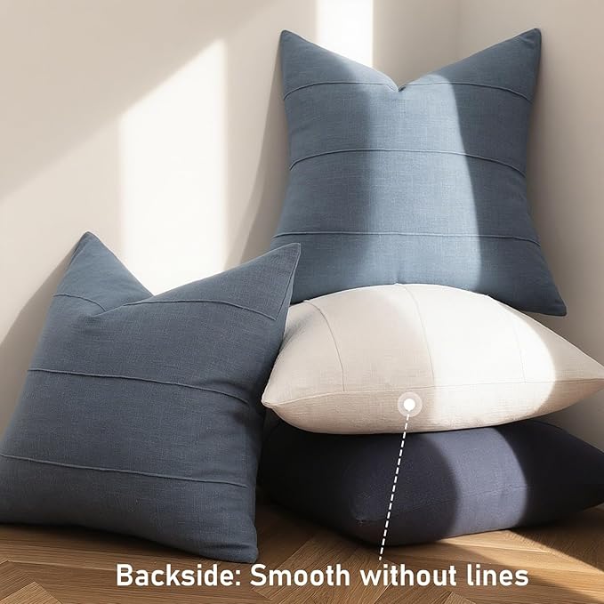 ZWJD Decorative Linen Throw Pillow Covers 20x20 Set of 2 Solid Handcrafted Striped Cushion Covers for Bed Soft Modern Farmhouse Neutral Pillowcase for Couch Bedroom Living Room Home Decor(Slate Blue)