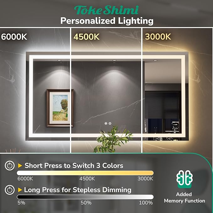 TokeShimi 55x36 LED Bathroom Mirror with 3-Color Lights,Anti-Fog Lighted Mirrors for Bathroom Wall,HD Tempered Glass,Memory Function,Waterproof,Shatterproof,UL Listed