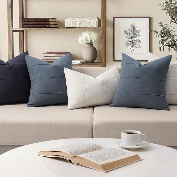 ZWJD Decorative Linen Throw Pillow Covers 18x18 Set of 2 Solid Handcrafted Striped Cushion Covers for Bed Soft Modern Farmhouse Neutral Pillowcase for Couch Bedroom Living Room Home Decor(Slate Blue)