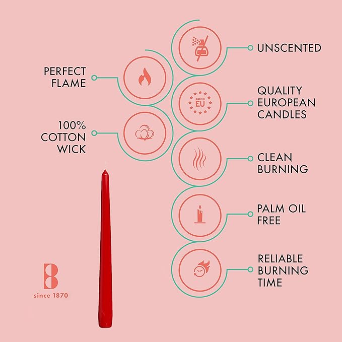 BOLSIUS Red Taper Candles - 4 Pack Unscented 10 Inch Dinner Candle Set - 8 Hours Burn Time - Premium European Quality - Smokeless and Dripless Household, Wedding, Party, and Home Decor Candlesticks