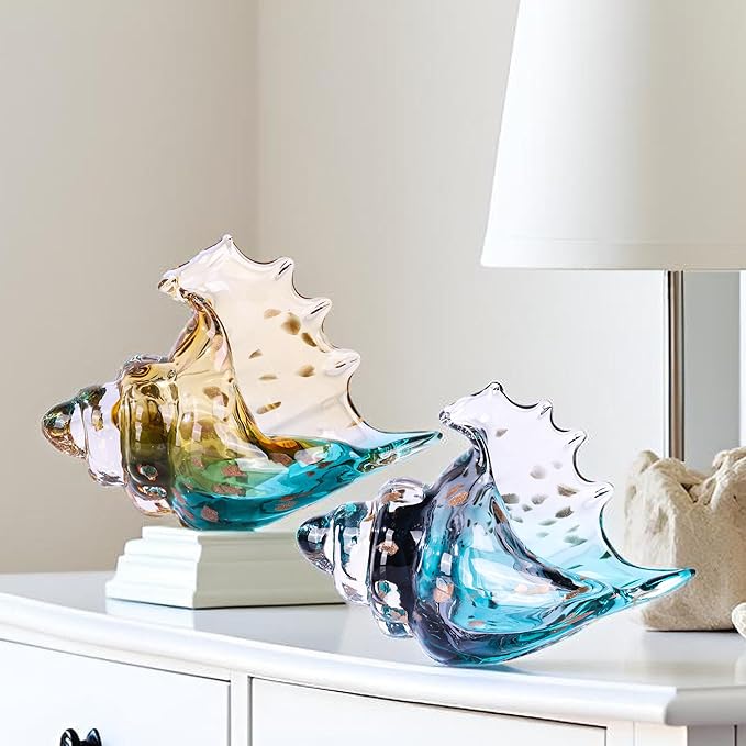 XMGZQ Hand Blown Glass Conch Statue,Sea Glass Art Figurine, Coastal Home Decor with Sea Shells, Living Room TV Stand Above Cabinet,Bookcase,Beach Decoration,Entryway Conch Horn Figurines