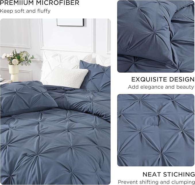 Andency California King Comforter Set Dark Blue Grey (104x96Inch), Pinch Pleat Cal King Comforter Set 3 Pieces, Oversized King Pintuck Bed Comforter, Microfiber Down Alternative Comforter Bedding Set