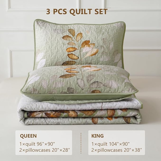 WONGS BEDDING Quilt Set Queen Size,3 Pieces Green-Brown Floral Bedspread Coverlet Set, Soft Microfiber Lightweight Floral Bedding Set Queen 96"×90"