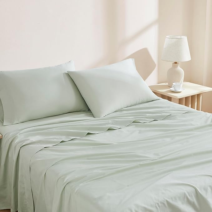 Linen Closet Organic 100% Cotton Queen Sheet 4 Pcs Set, 18” Deep Pocket, Light Green | Lightweight, Eco-Friendly Cotton, Percale Softness, Durable & Breathable, Naturally Cooling | All Season Comfort