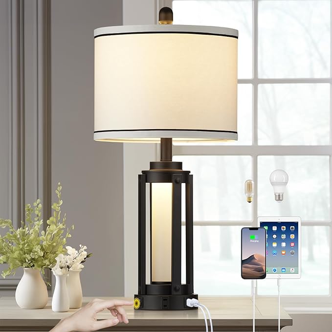 26" Modern Table Lamp with USB A+C Charging Ports & AC Outlet, Industrial Beside Contemporary Lamp Glass LED Night Light for Living Room Bedroom Nightstand End Table Single Black(2 Bulbs Included)