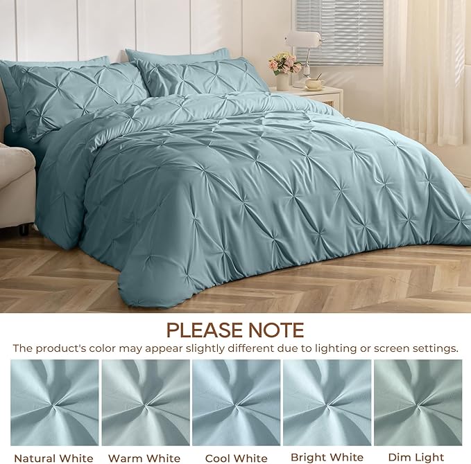 Sasttie Full Size Comforter Set, 7-Piece Bed in a Bag, Pintuck Bedding Sets for All Season, Includes Comforter, Flat Sheet, Fitted Sheet, Pillowcases and Pillowshams, Greylish Blue