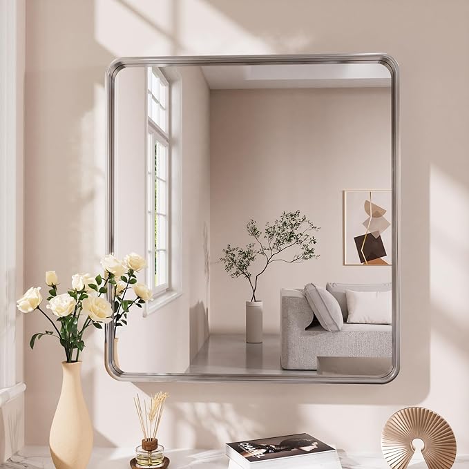 Brushed Nickel Bathroom Mirror 36x36 Inch, Brushed Silver Metal Frame Mirror Wall Mounted, Rounded Bathroom Vanity Mirror, Tempered Glass, Anti-Rust, Horizontal/Vertical
