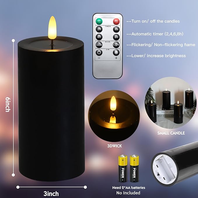 4 Packs Flameless Candles, Black Battery Operated Candles, Black Halloween LED Candles, Real Wax Flickering Candlelights with Remote for Home Fall Halloween Christmas Party Candelabra